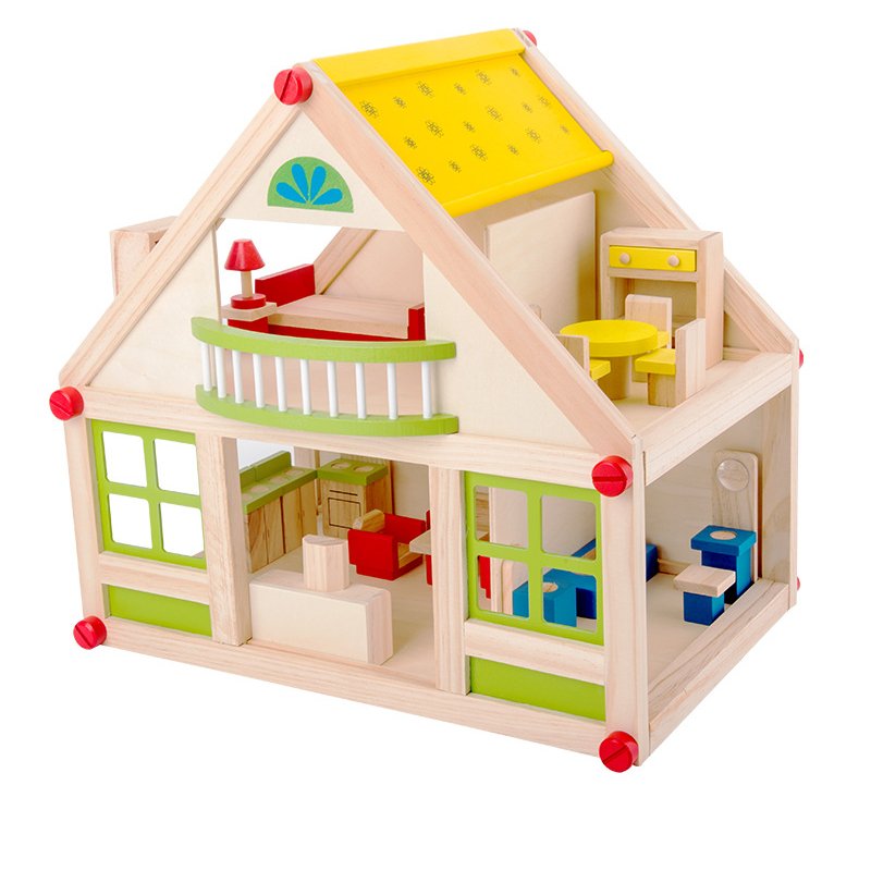 Sunny Side House - 2 Story Wooden Dollhouse with Furniture Set - KraftsandTales